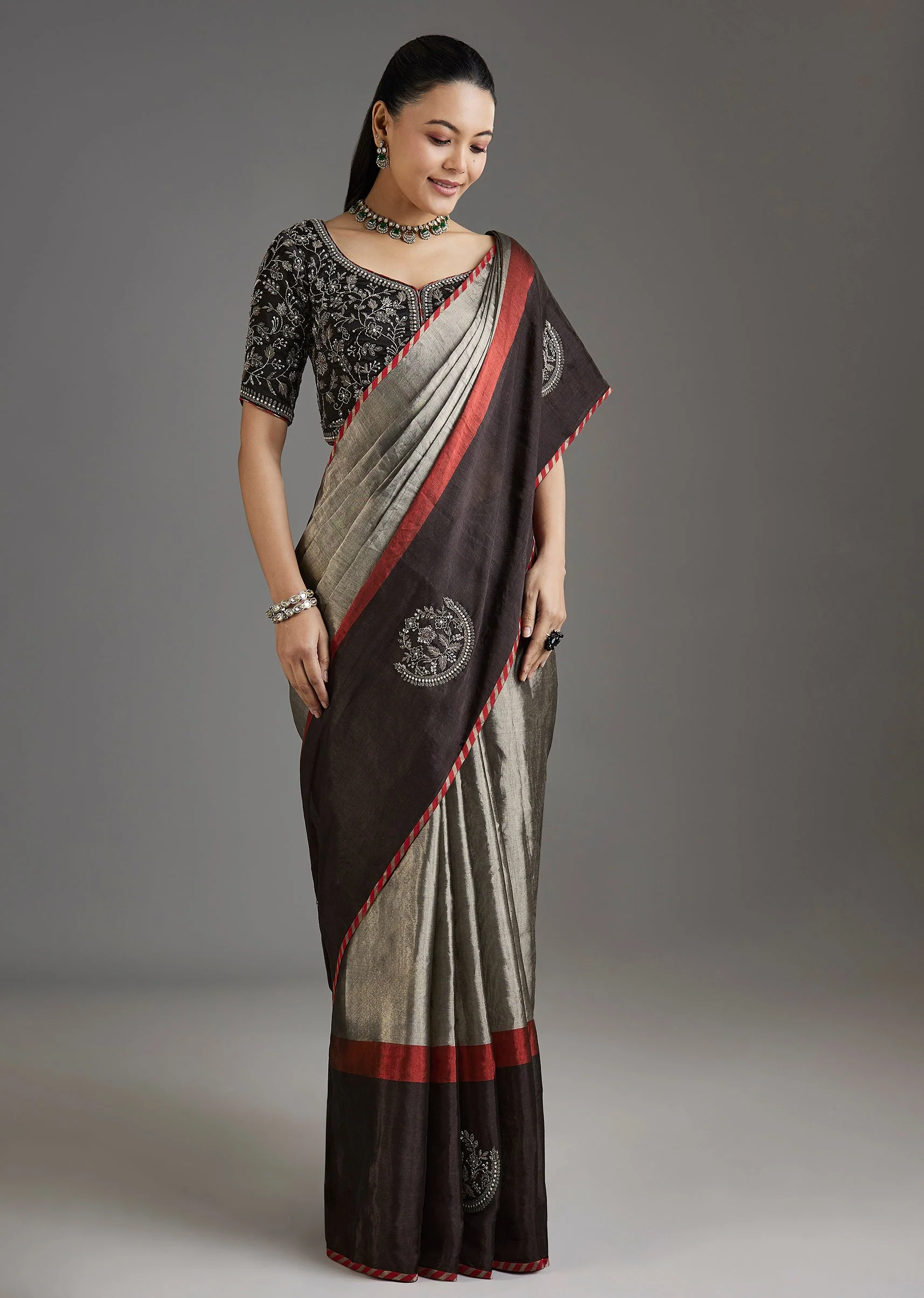 Black Kanjivaram Tissue Saree With Embroidered Blouse