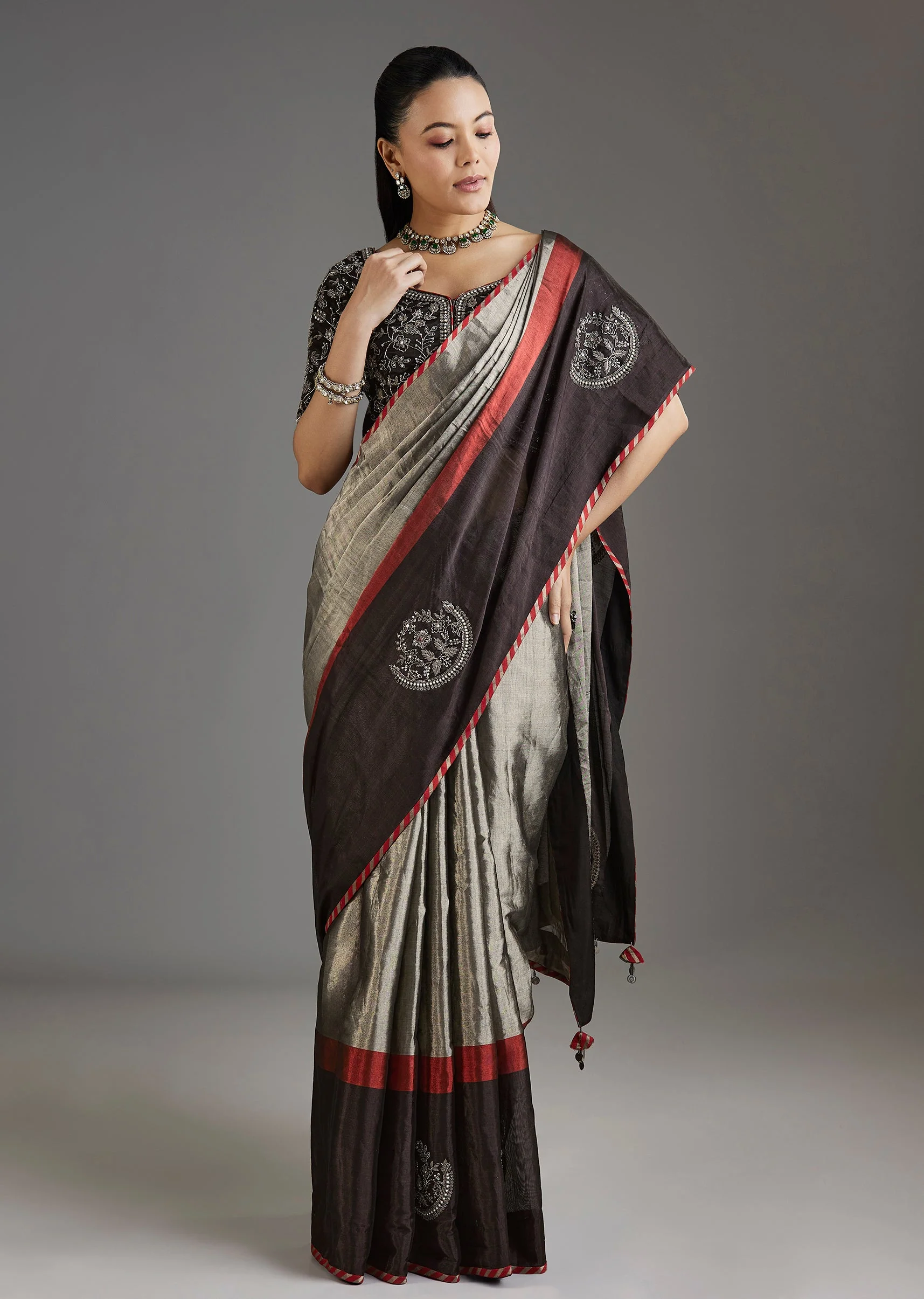 Black Kanjivaram Tissue Saree With Embroidered Blouse
