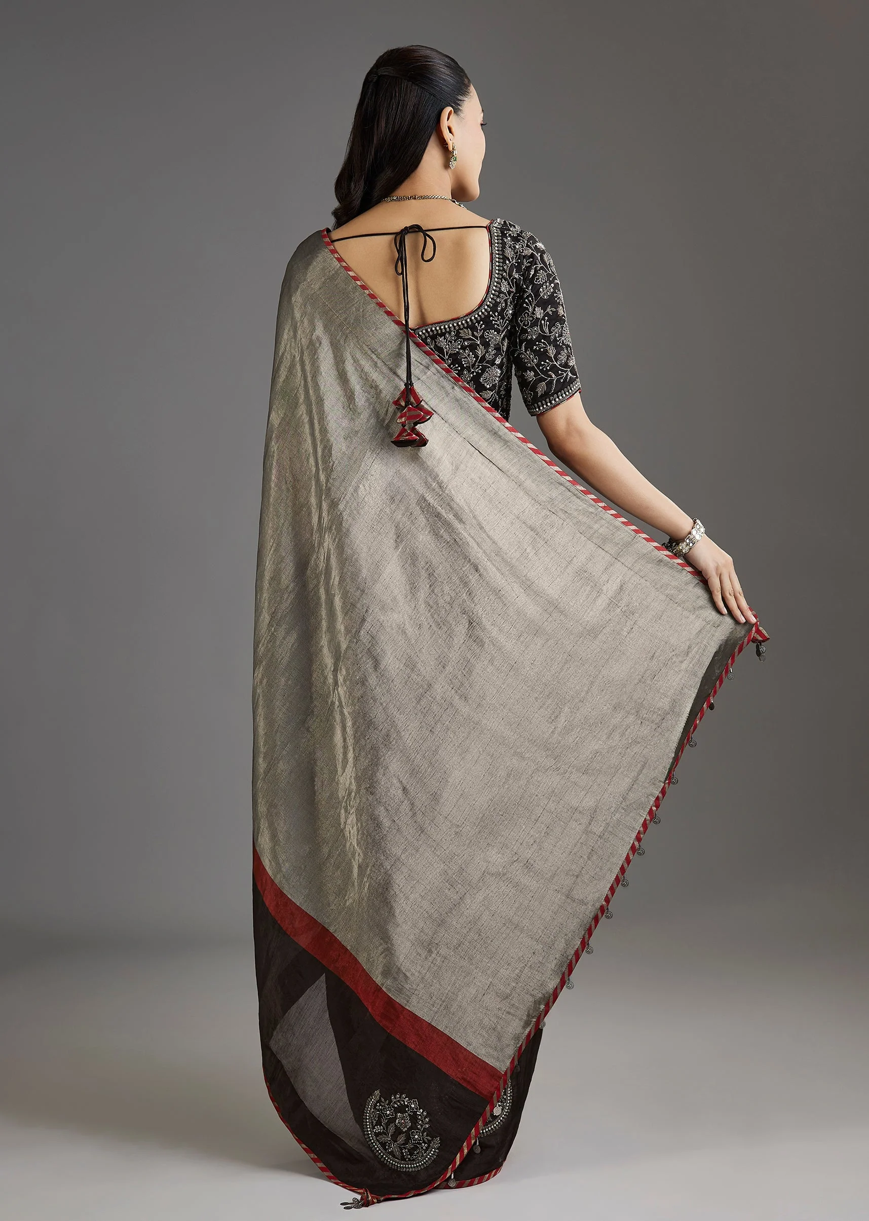 Black Kanjivaram Tissue Saree With Embroidered Blouse