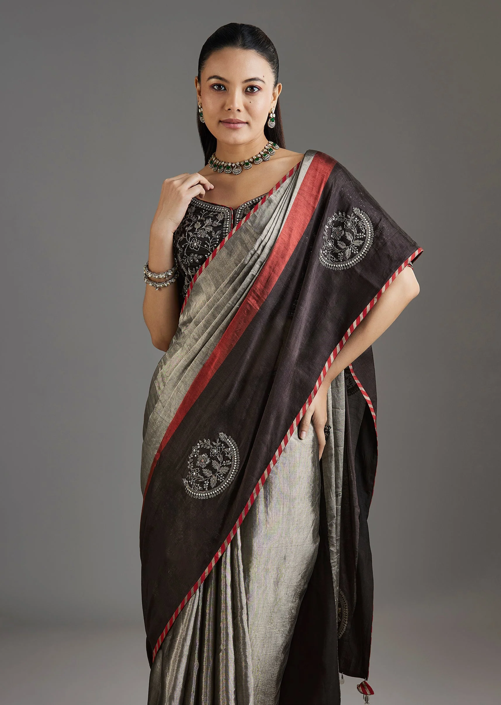 Black Kanjivaram Tissue Saree With Embroidered Blouse