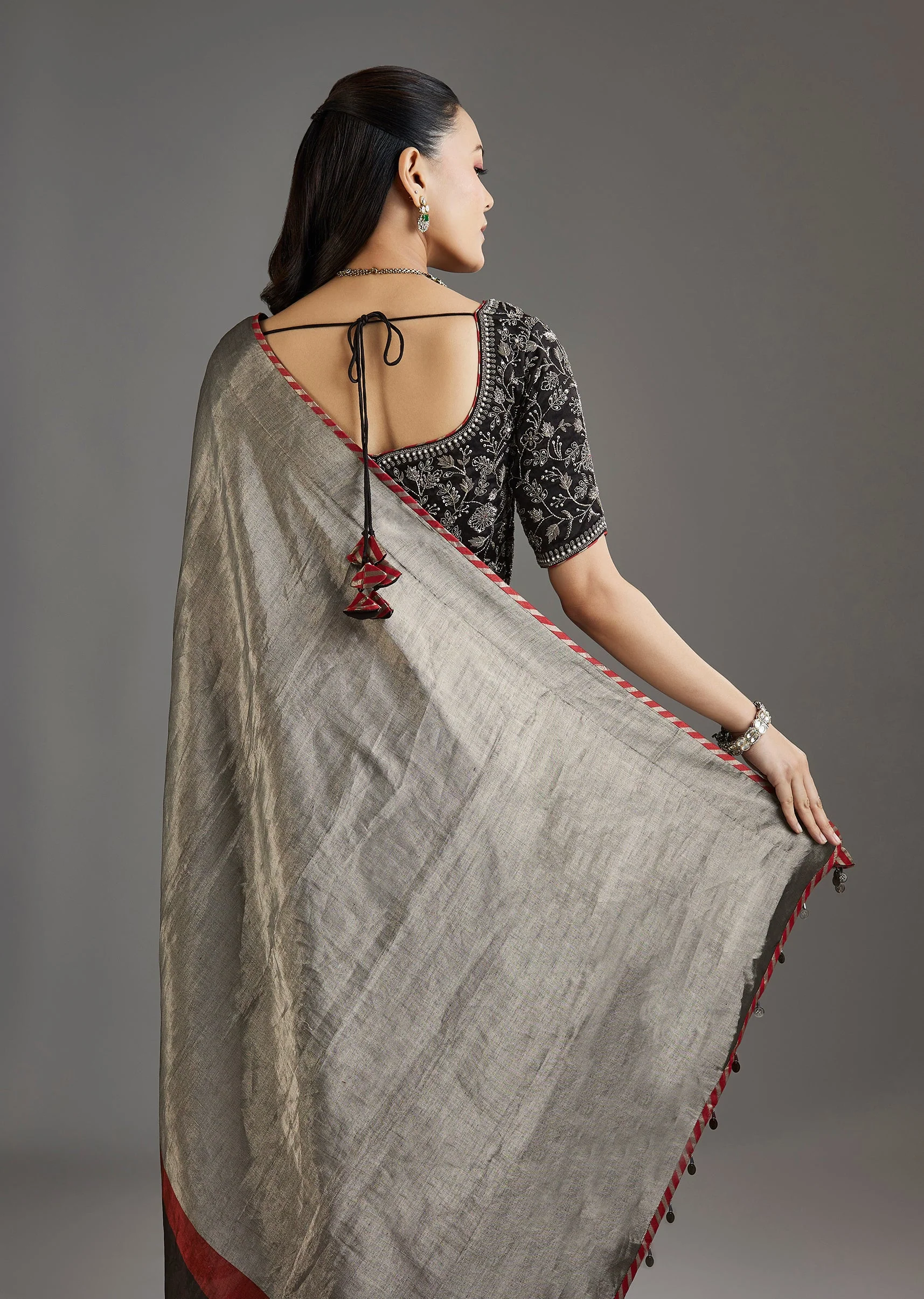 Black Kanjivaram Tissue Saree With Embroidered Blouse