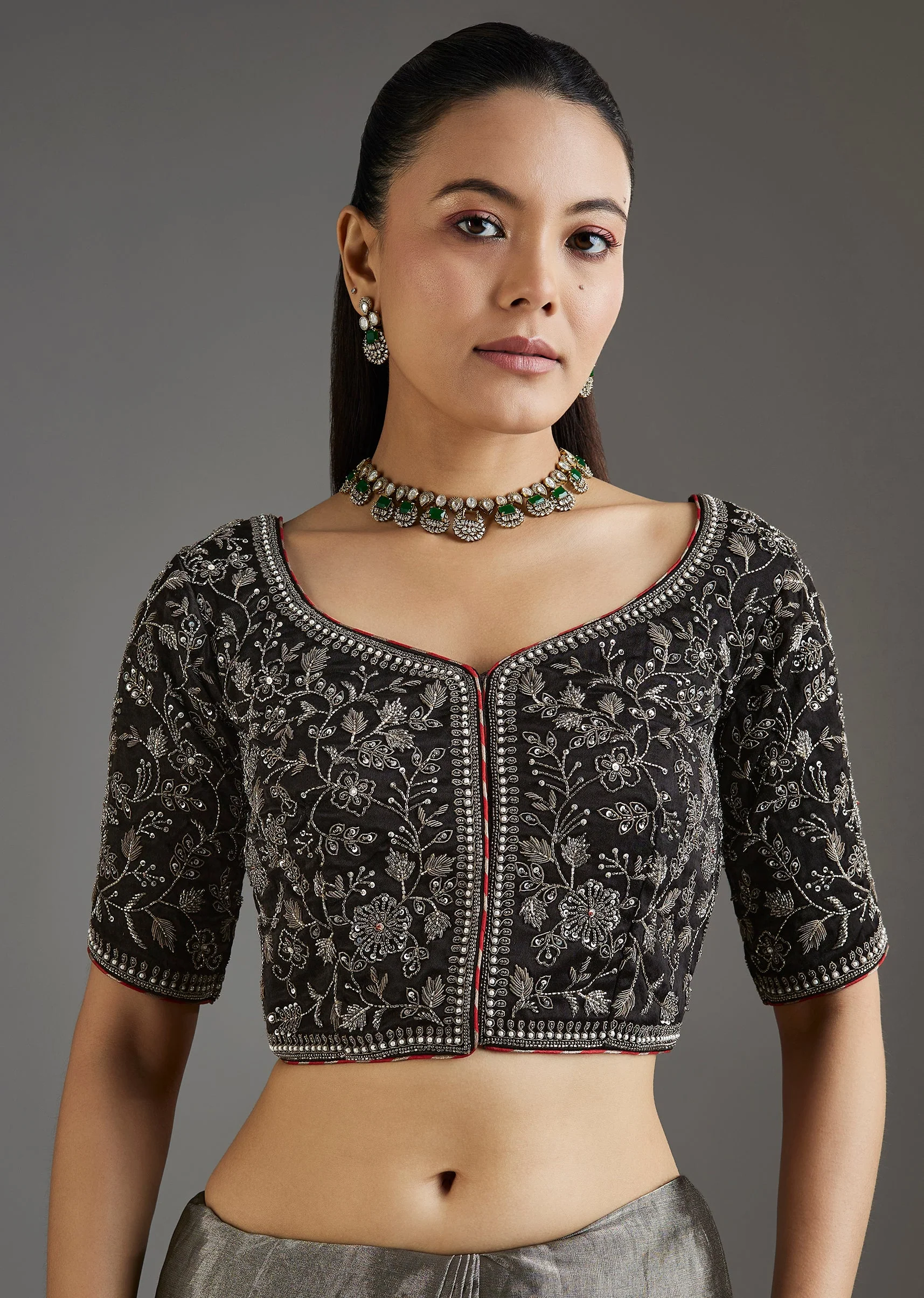 Black Kanjivaram Tissue Saree With Embroidered Blouse