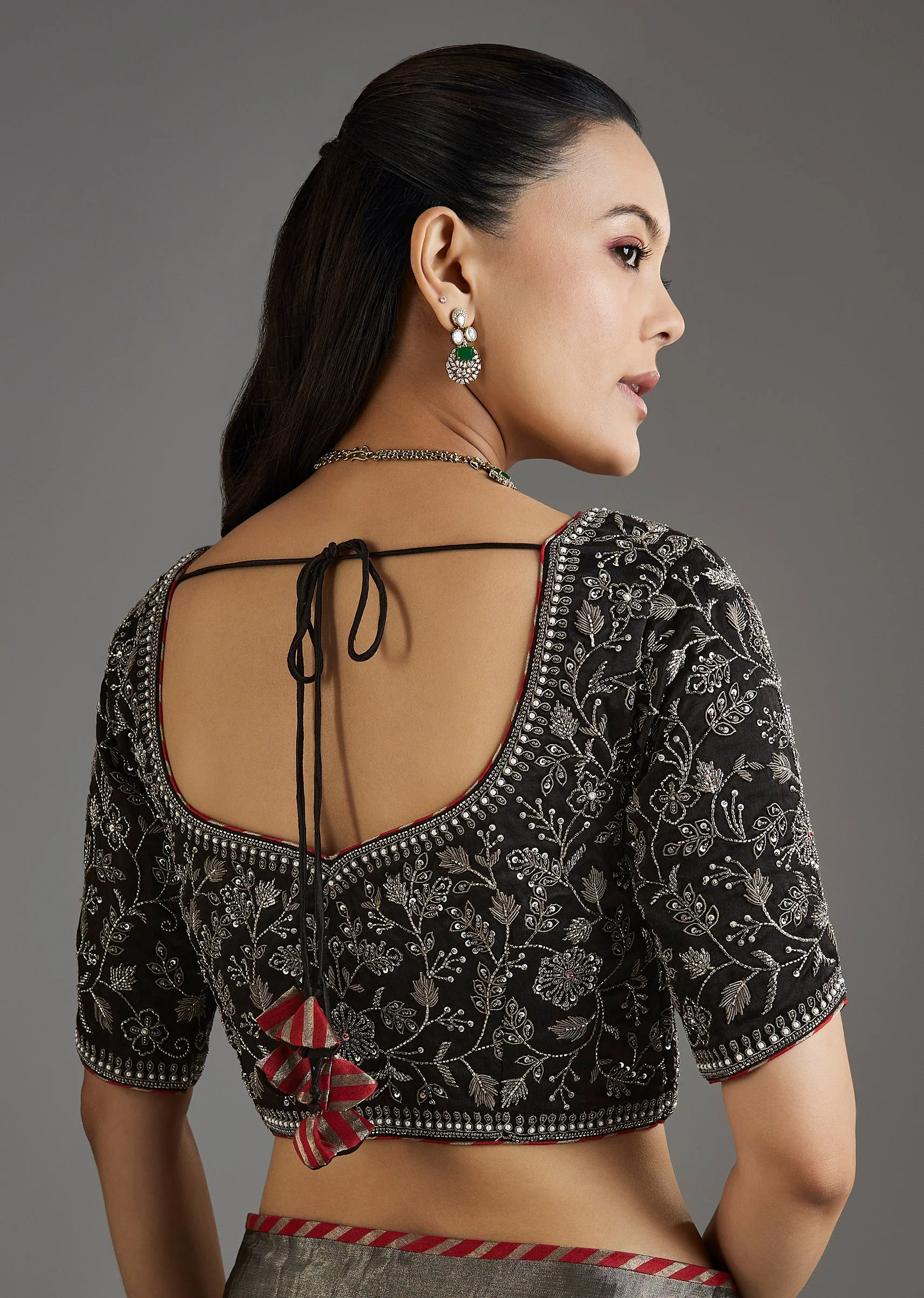 Black Kanjivaram Tissue Saree With Embroidered Blouse