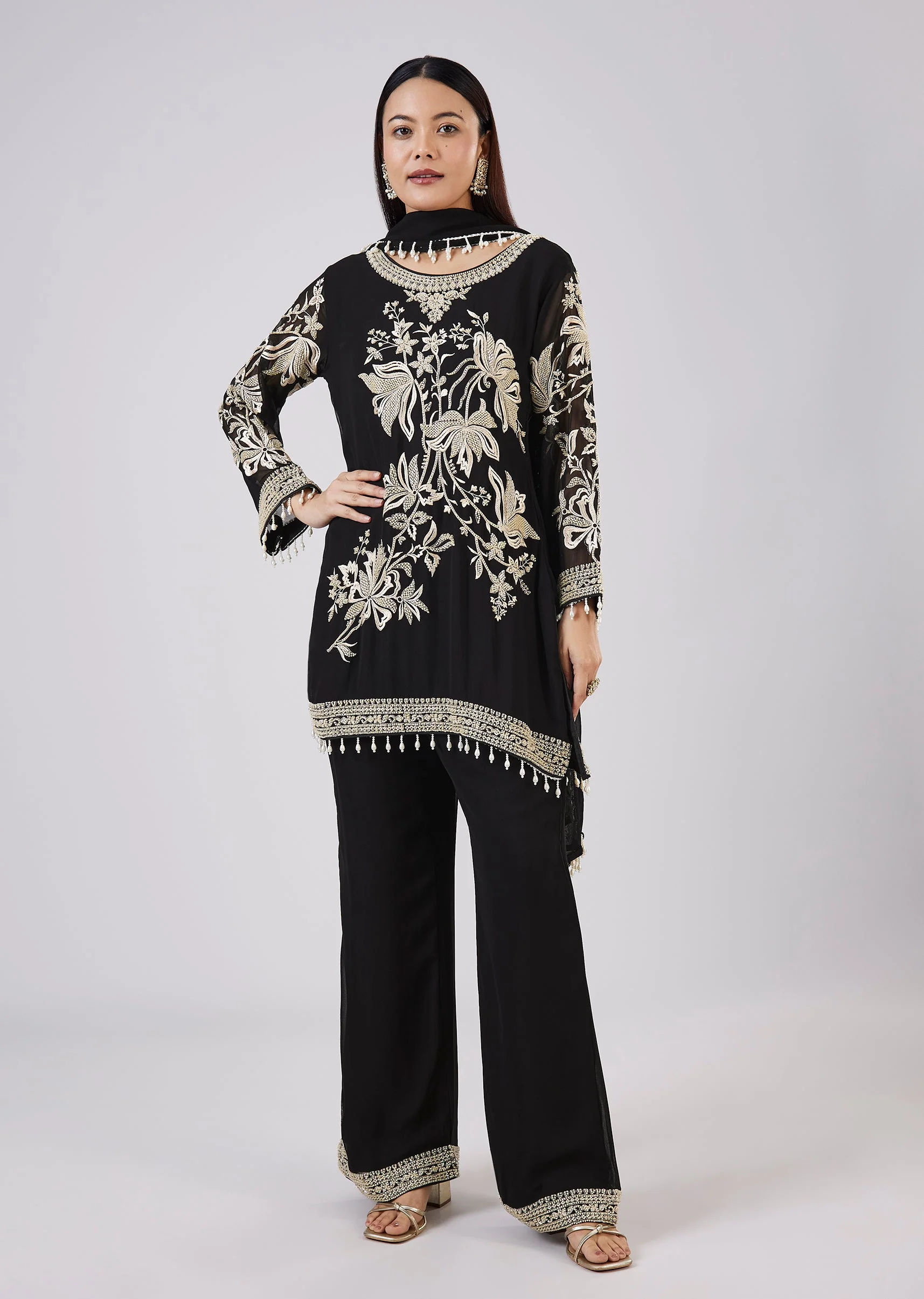 Black Georgette Palazzo Set With Resham Work