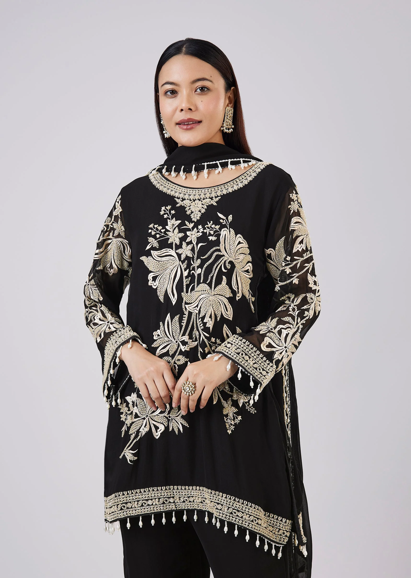 Black Georgette Palazzo Set With Resham Work