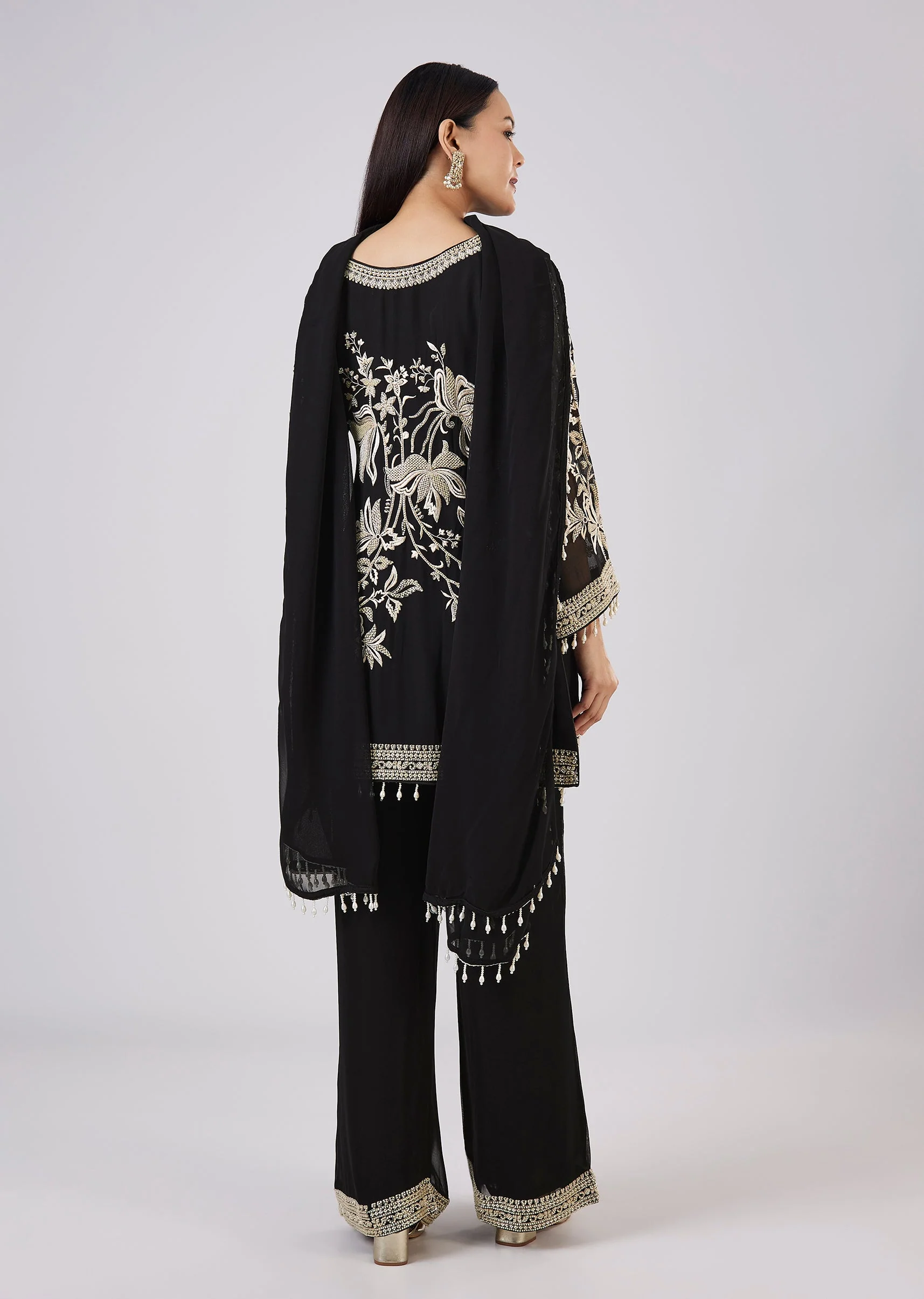 Black Georgette Palazzo Set With Resham Work