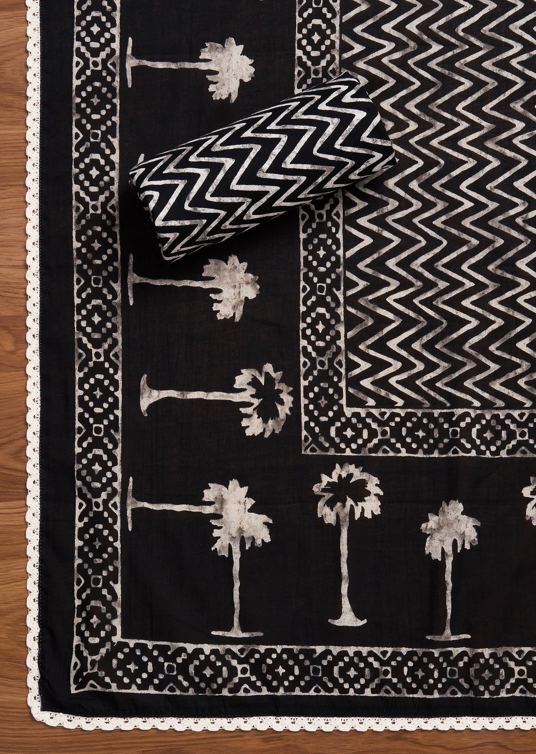 Black Cotton Printed Unstitched Suit With Dupatta