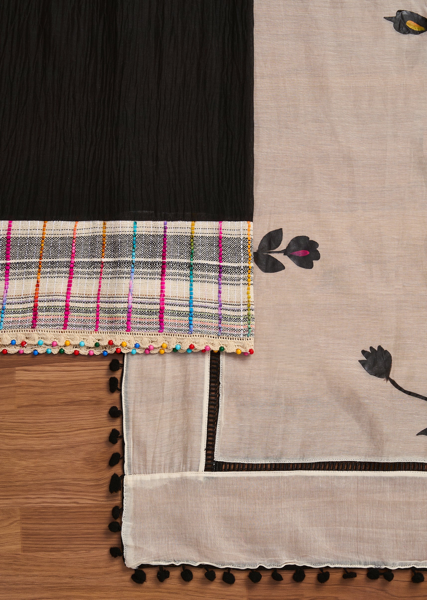 Classic Black And White Cotton Printed Unstitched Suit With Dupatta