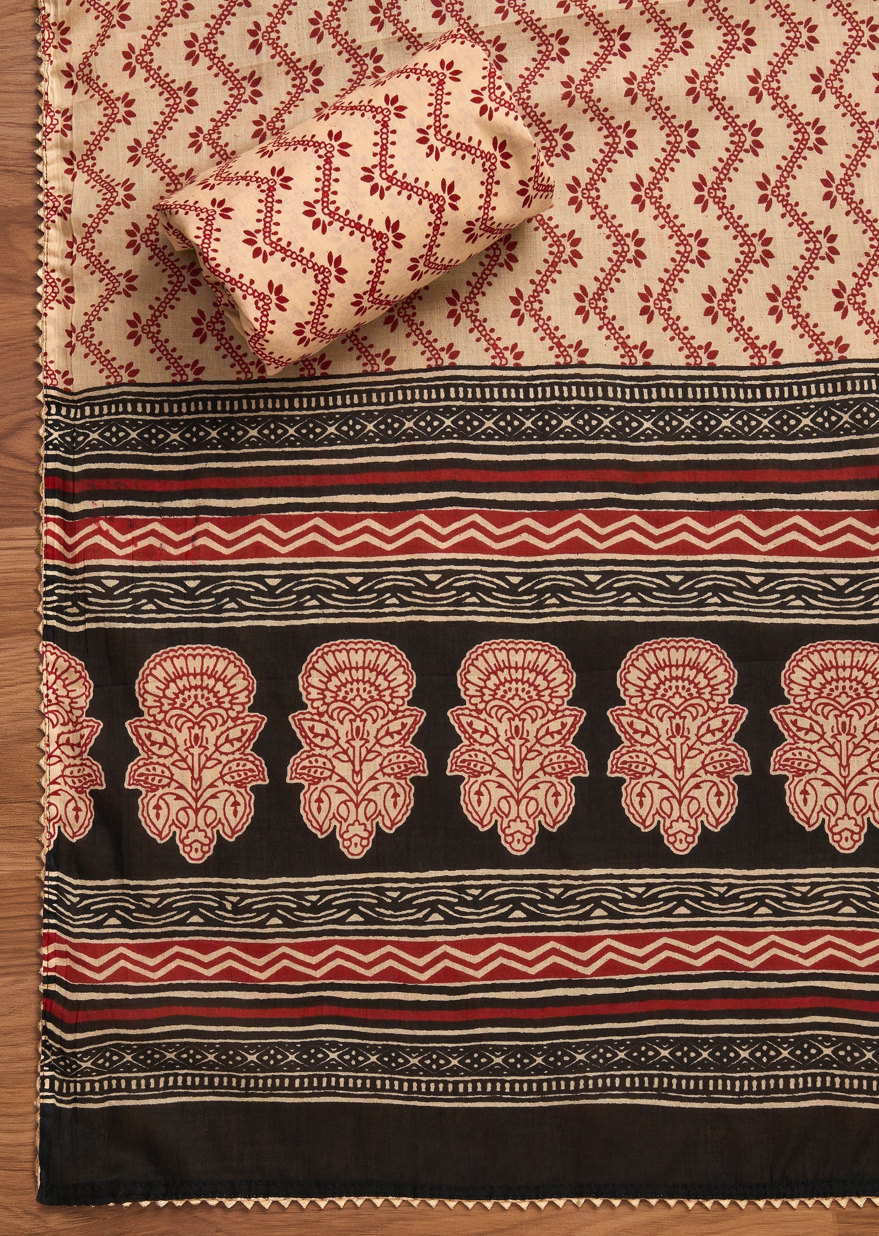 Black Cotton Printed Unstitched Suit with Dupatta and Bottom Fabric