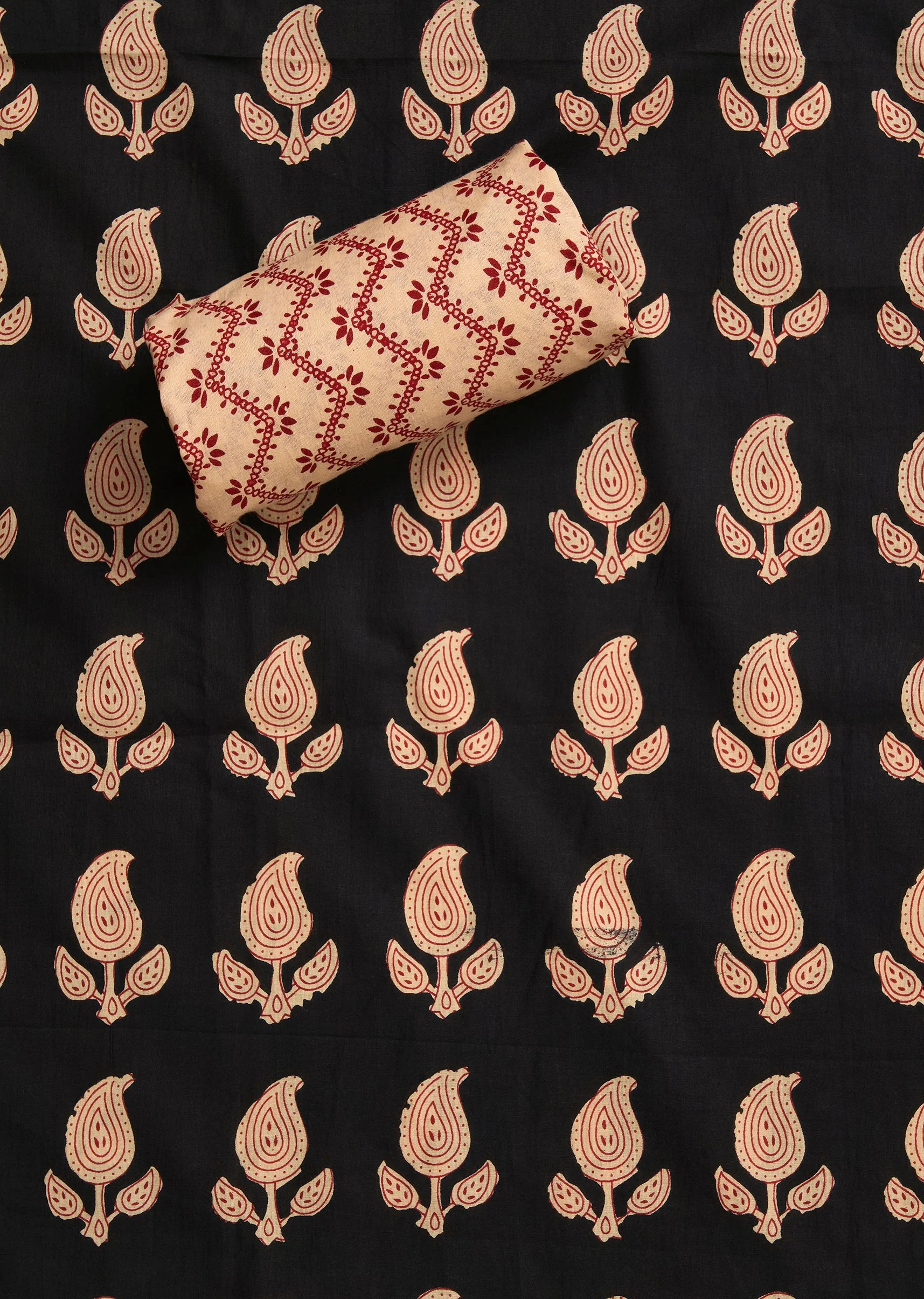 Black Cotton Printed Unstitched Suit with Dupatta and Bottom Fabric