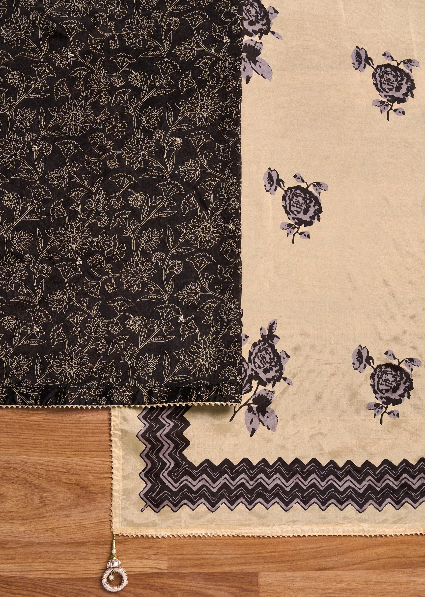 Black Tissue Printed Unstitched Suit Set