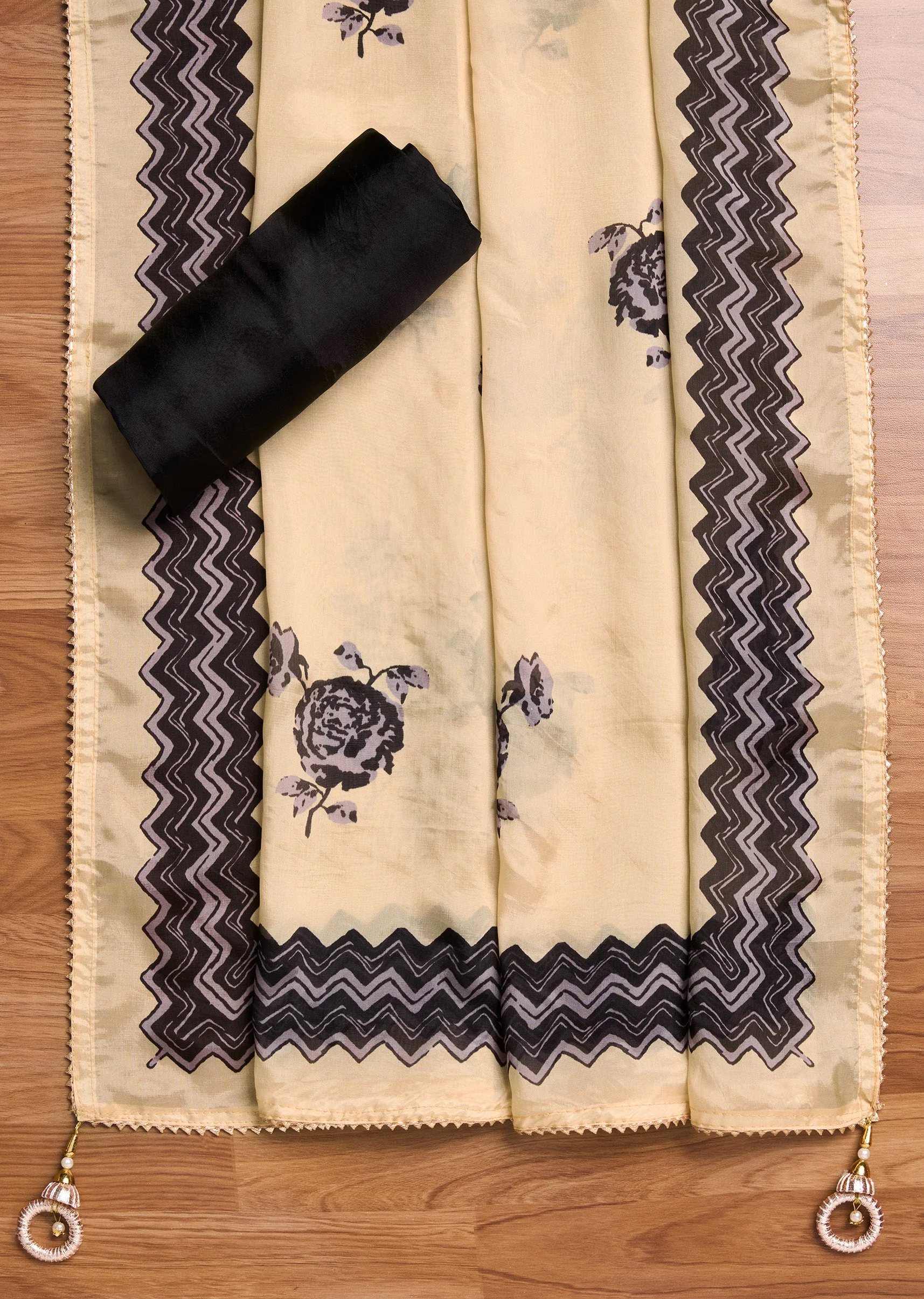 Black Tissue Printed Unstitched Suit Set