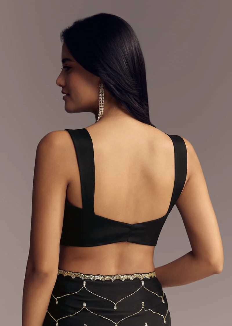 Black Embroidered Chinon Saree With Cut Dana Work