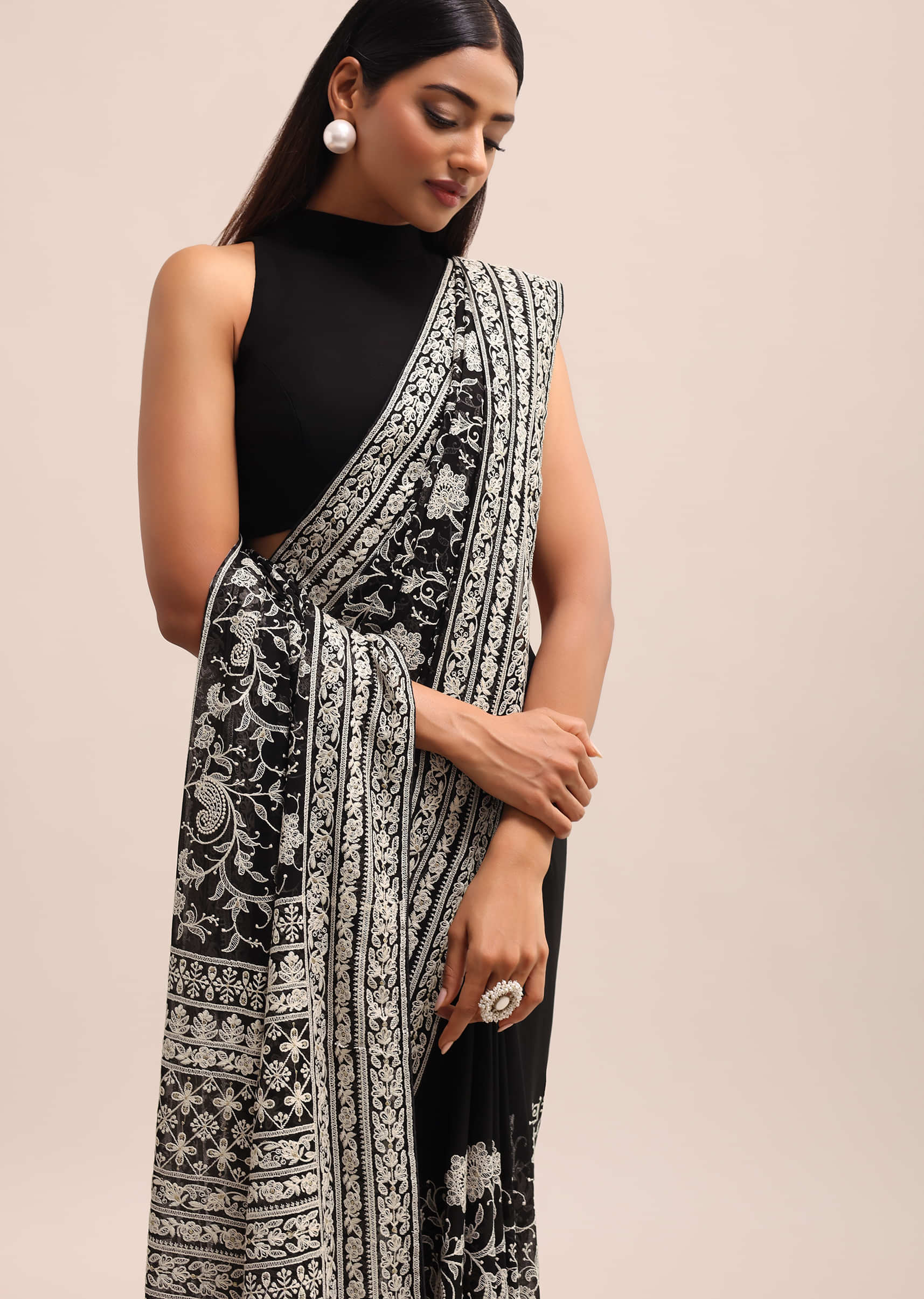 3620-black-georgette-chikankari-saree-with-jaal-work-and-unstitched-blouse-1.jpg Black Georgette Chikankari Saree With Jaal Work And Unstitched Blouse