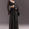 Black 3D Patchwork Cutdana Drape Saree With Sleeveless Overlap Blouse
