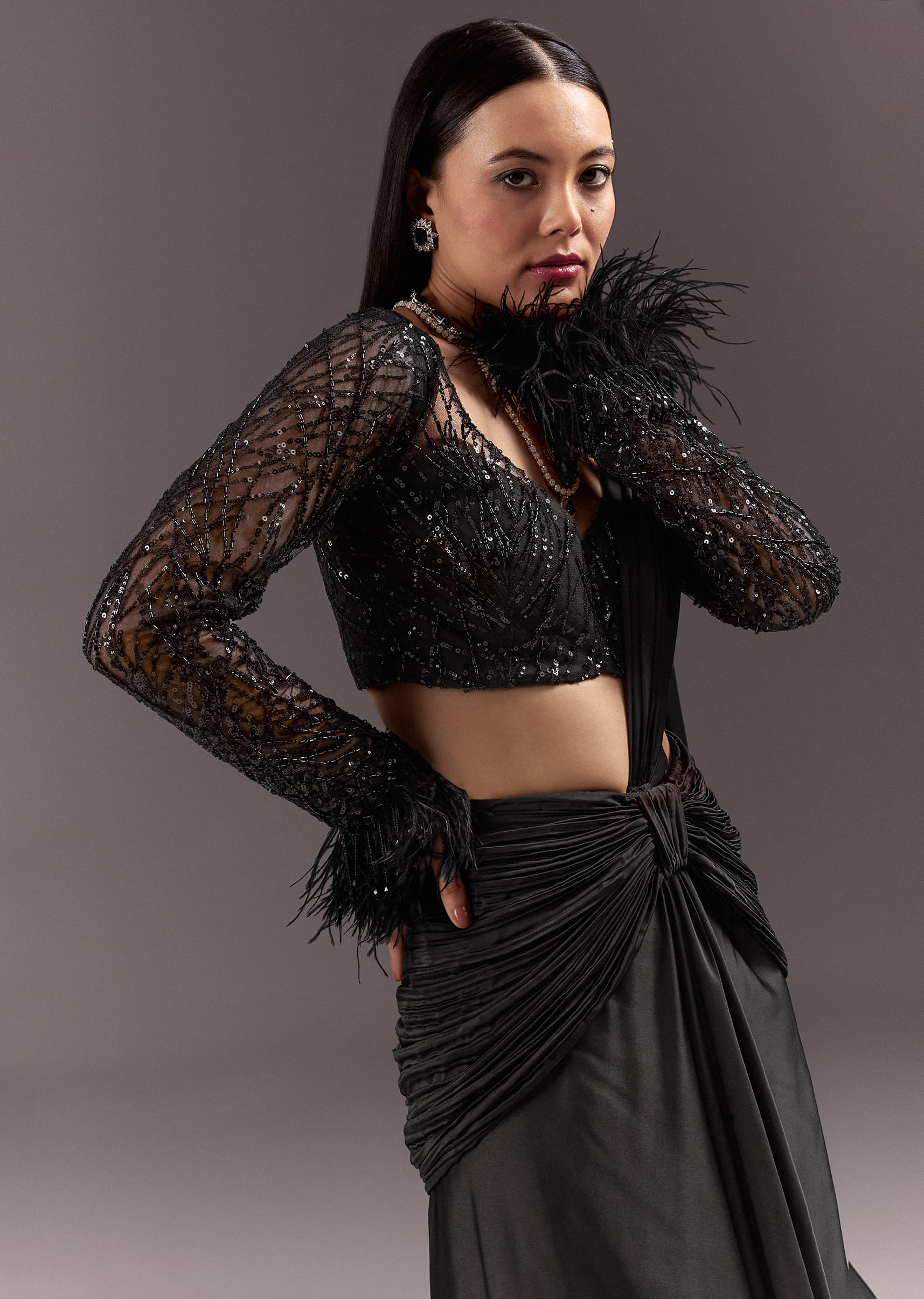 Black 3D Patchwork Cutdana Drape Saree With Sleeveless Overlap Blouse