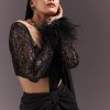 Black 3D Patchwork Cutdana Drape Saree With Sleeveless Overlap Blouse