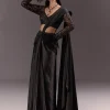 Black 3D Patchwork Cutdana Drape Saree With Sleeveless Overlap Blouse