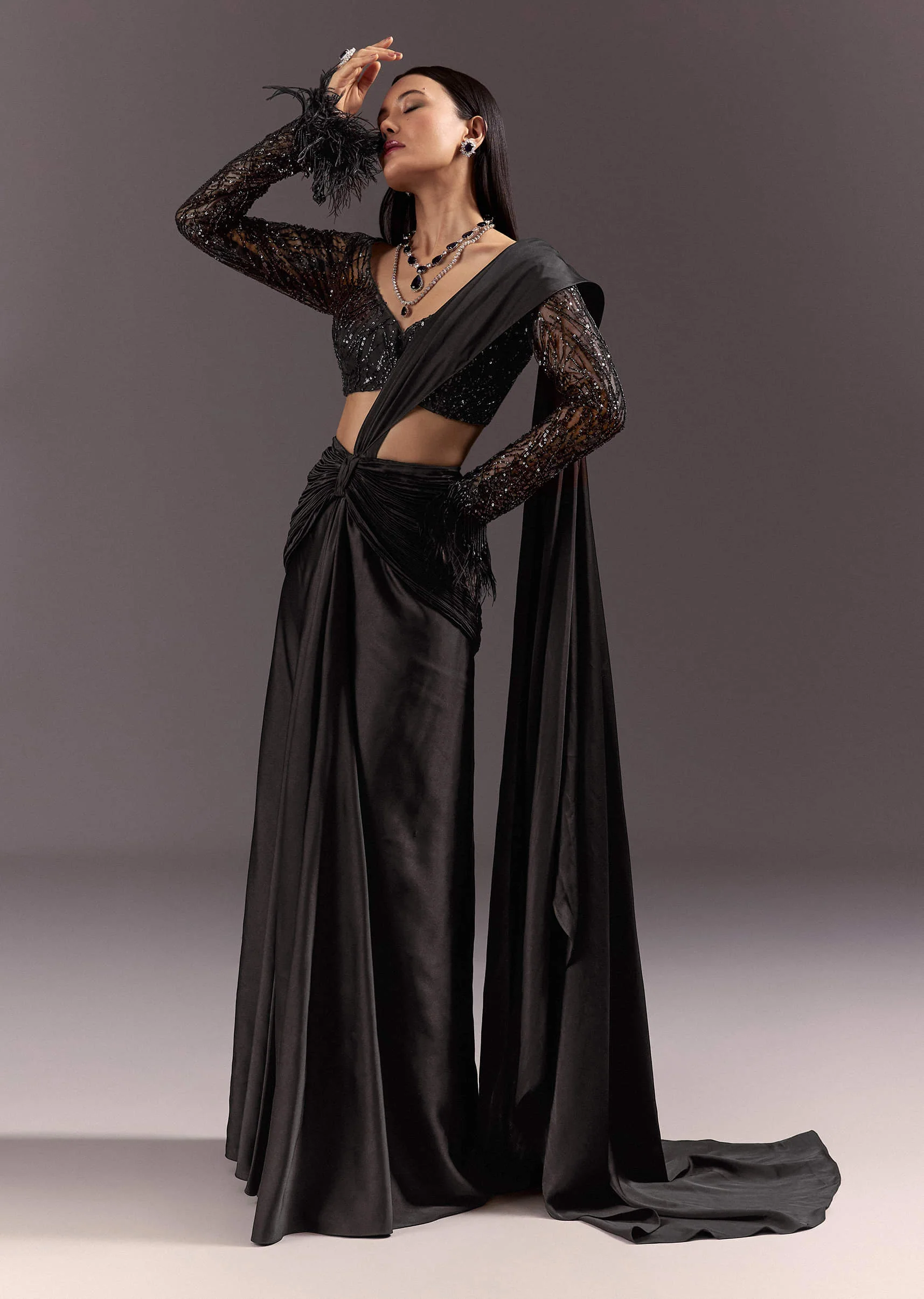 Black 3D Patchwork Cutdana Drape Saree With Sleeveless Overlap Blouse