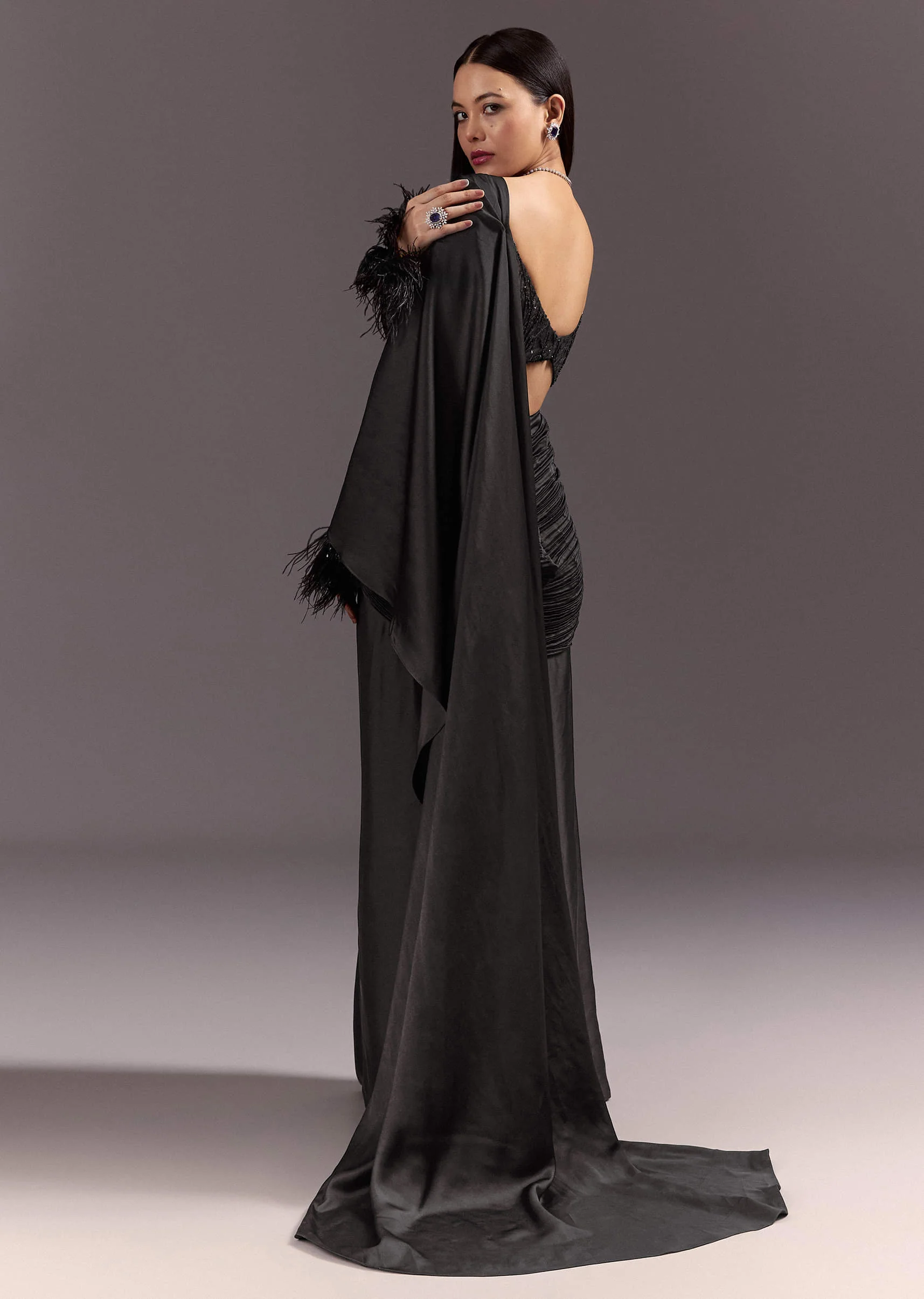 Black 3D Patchwork Cutdana Drape Saree With Sleeveless Overlap Blouse