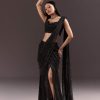 Black Pre Stitched Slit Saree With Cowl Blouse