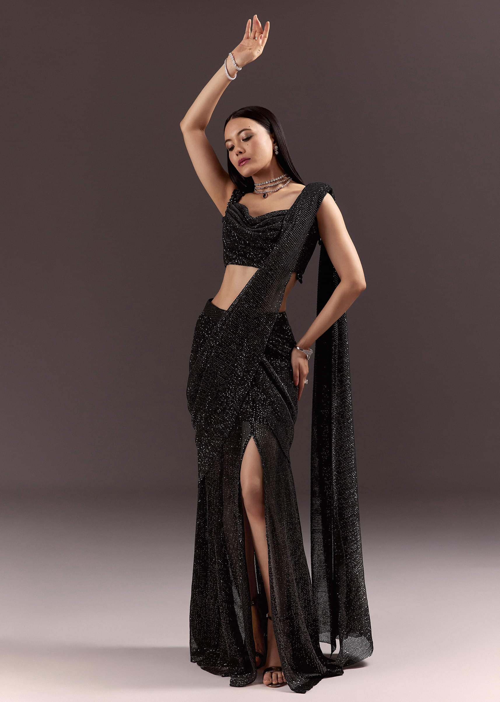 Black Pre Stitched Slit Saree With Cowl Blouse
