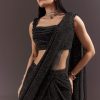 Black Pre Stitched Slit Saree With Cowl Blouse