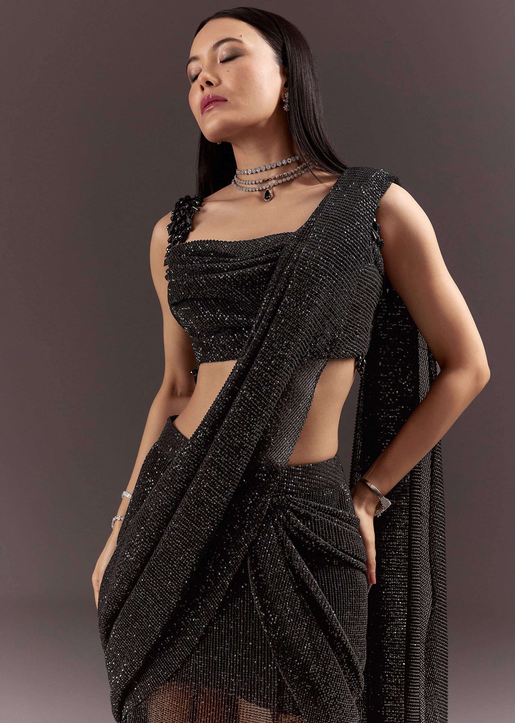 Black Pre Stitched Slit Saree With Cowl Blouse