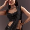 Black Pre Stitched Slit Saree With Cowl Blouse