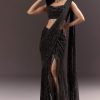 Black Pre Stitched Slit Saree With Cowl Blouse