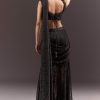 Black Pre Stitched Slit Saree With Cowl Blouse