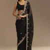 Black Satin Saree With Zardosi Sequins And Scallop Border