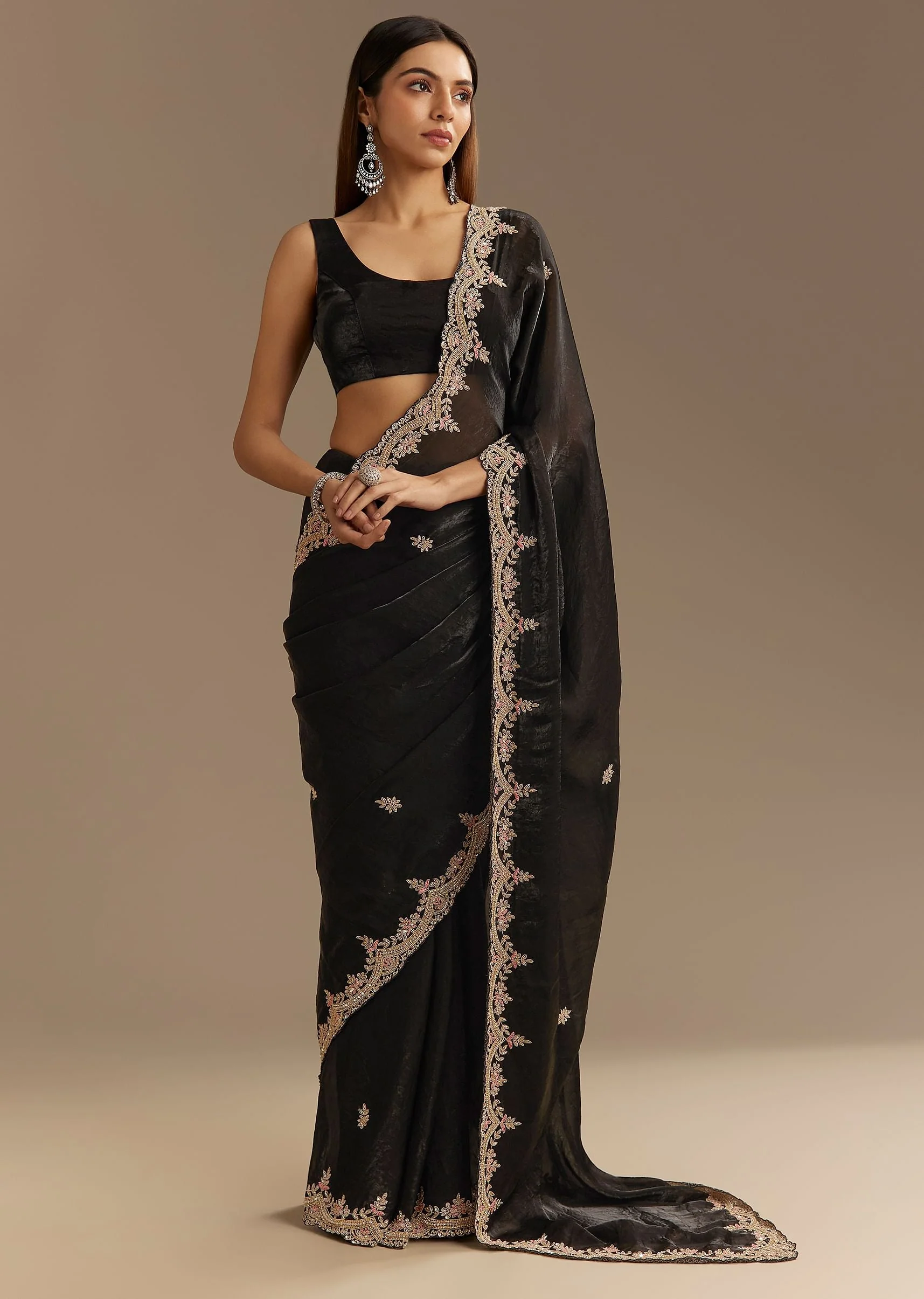 3682-black-satin-saree-with-zardosi-sequins-and-scallop-border-1.webp Black Satin Saree With Zardosi Sequins And Scallop Border