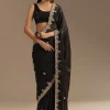 Black Satin Saree With Zardosi Sequins And Scallop Border