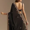 Black Satin Saree With Zardosi Sequins And Scallop Border