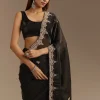 Black Satin Saree With Zardosi Sequins And Scallop Border