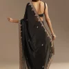 Black Satin Saree With Zardosi Sequins And Scallop Border