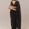 Black Net Saree With Linear Sequins And Hand Embroidered Border