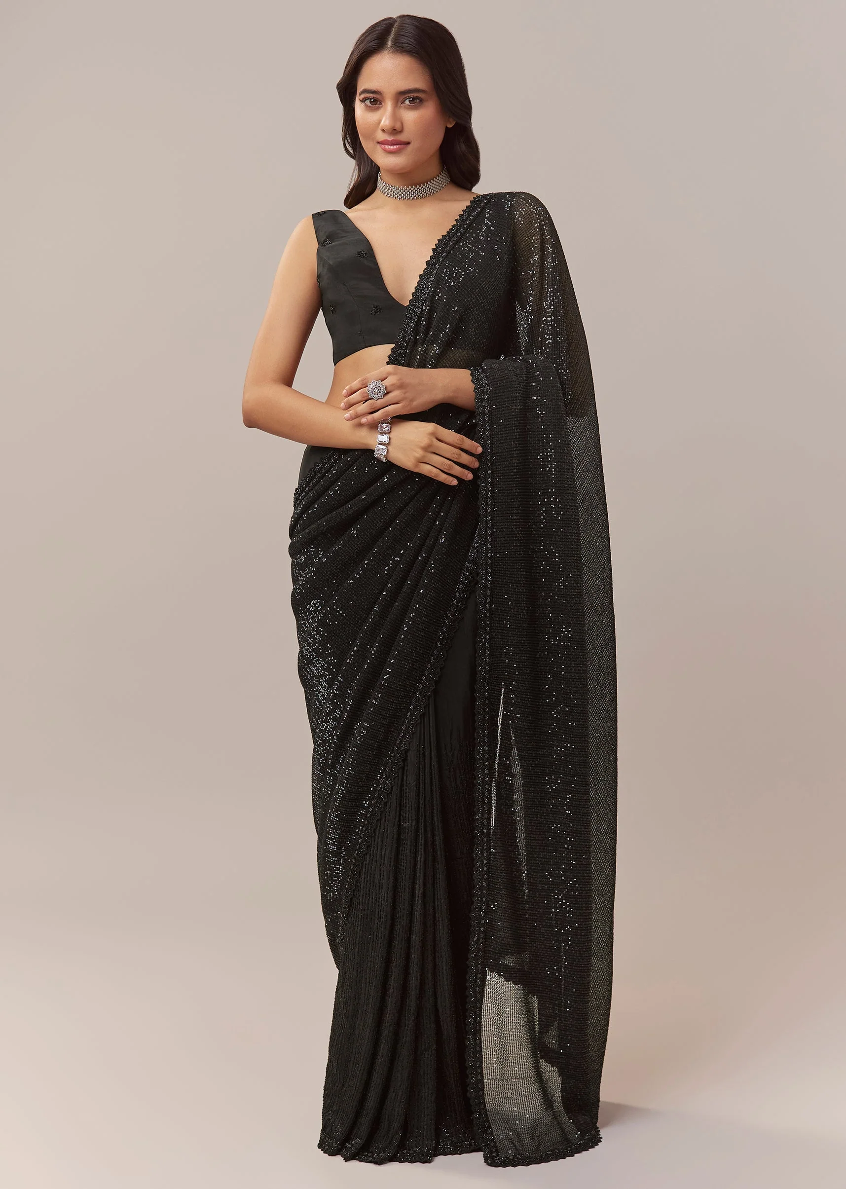 Black Net Saree With Linear Sequins And Hand Embroidered Border