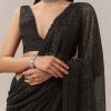 Black Net Saree With Linear Sequins And Hand Embroidered Border