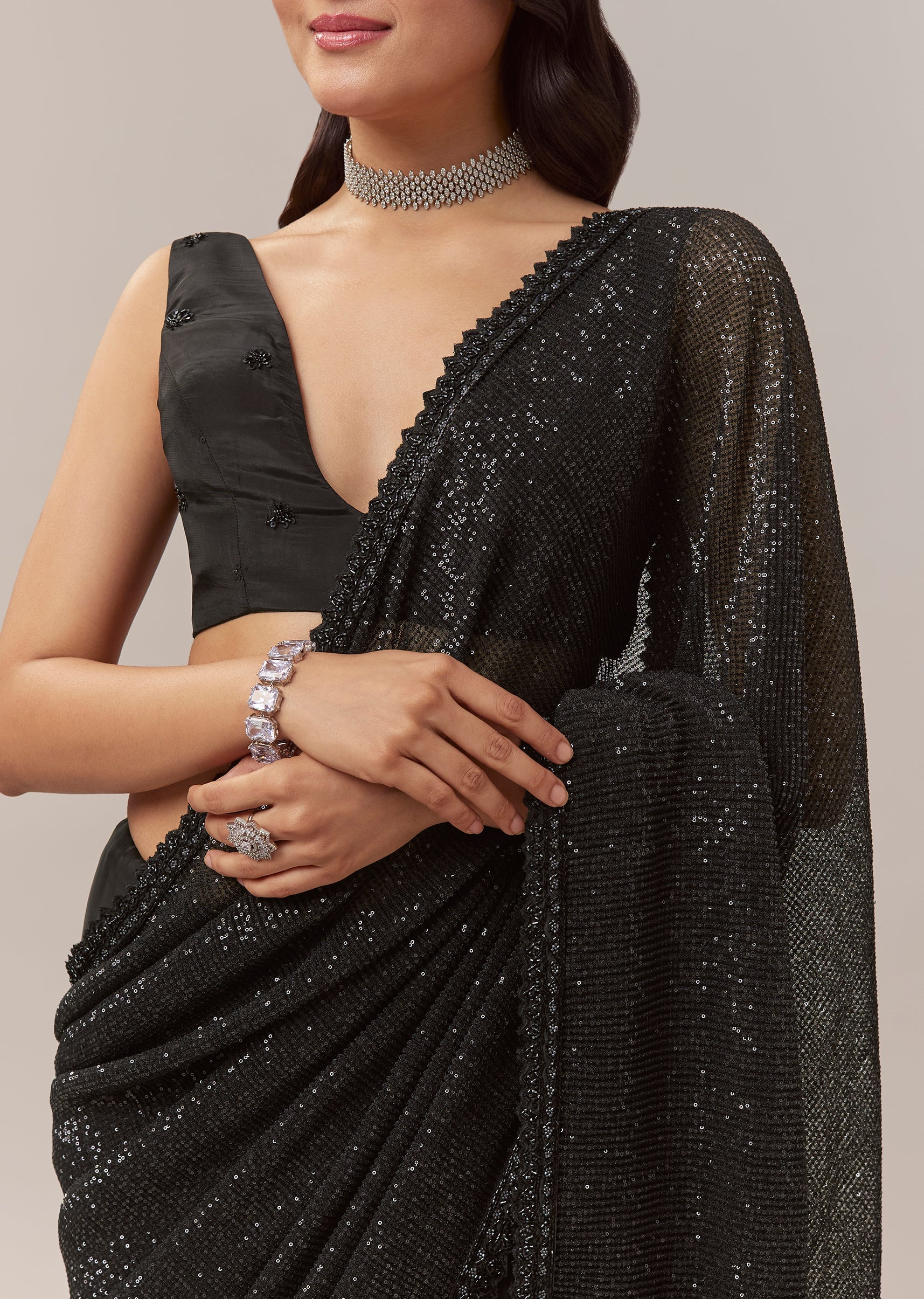 Black Net Saree With Linear Sequins And Hand Embroidered Border