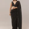 Black Net Saree With Linear Sequins And Hand Embroidered Border