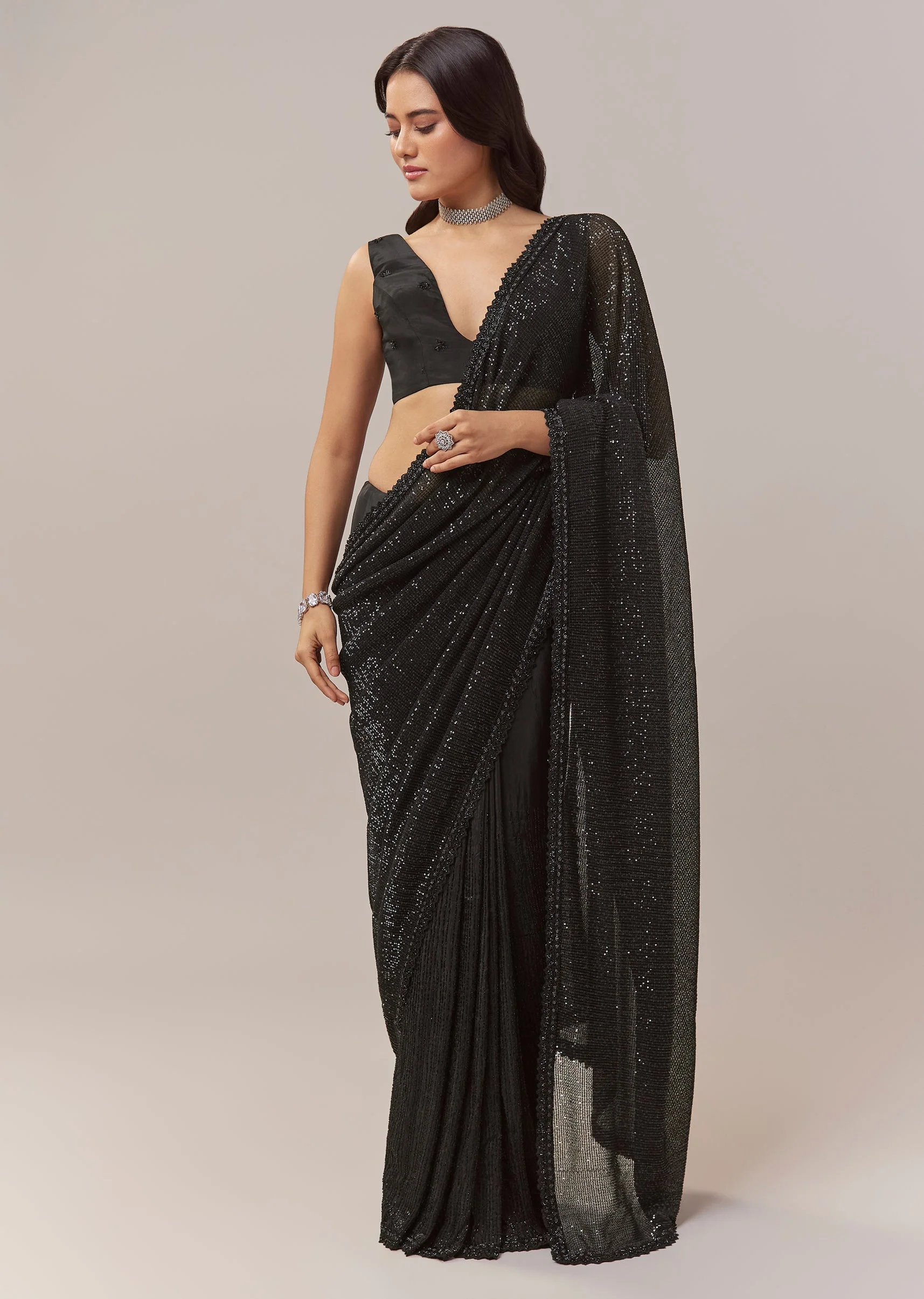 Black Net Saree With Linear Sequins And Hand Embroidered Border