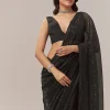 Black Net Saree With Linear Sequins And Hand Embroidered Border
