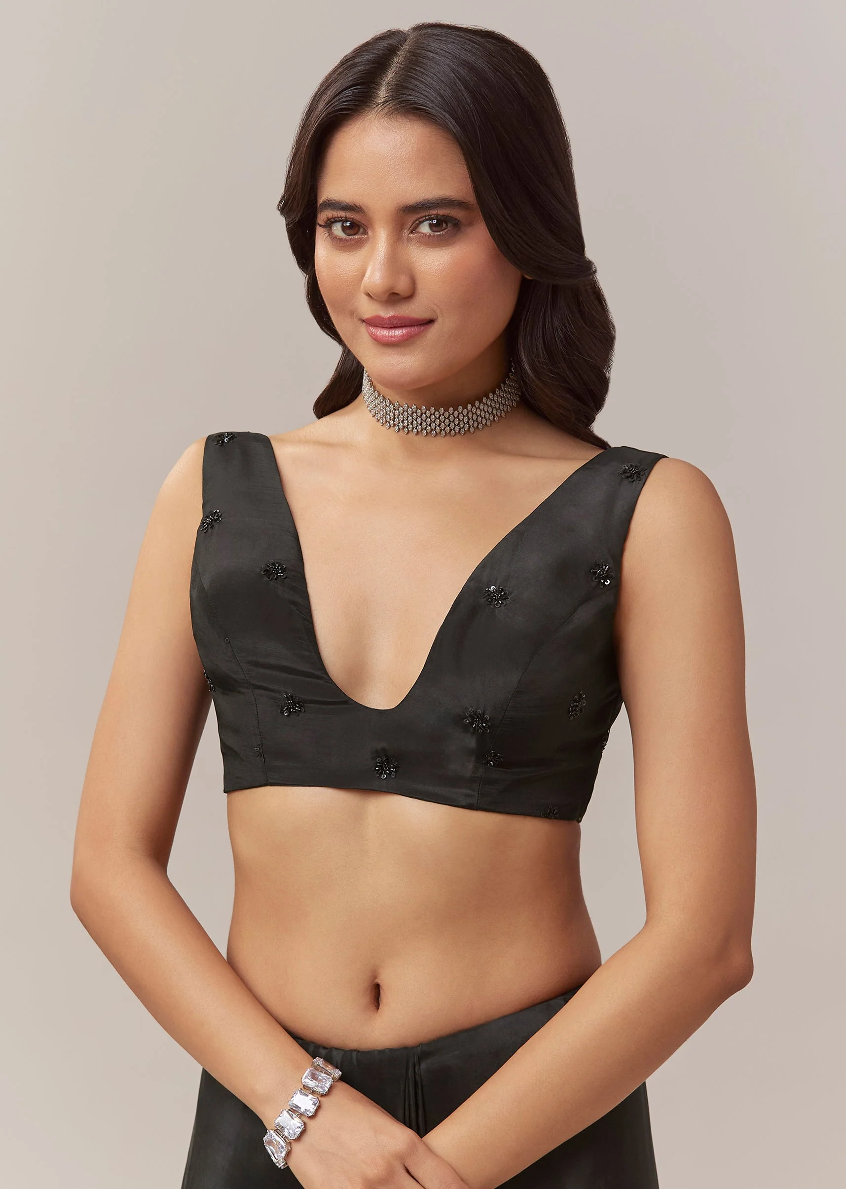 Black Net Saree With Linear Sequins And Hand Embroidered Border