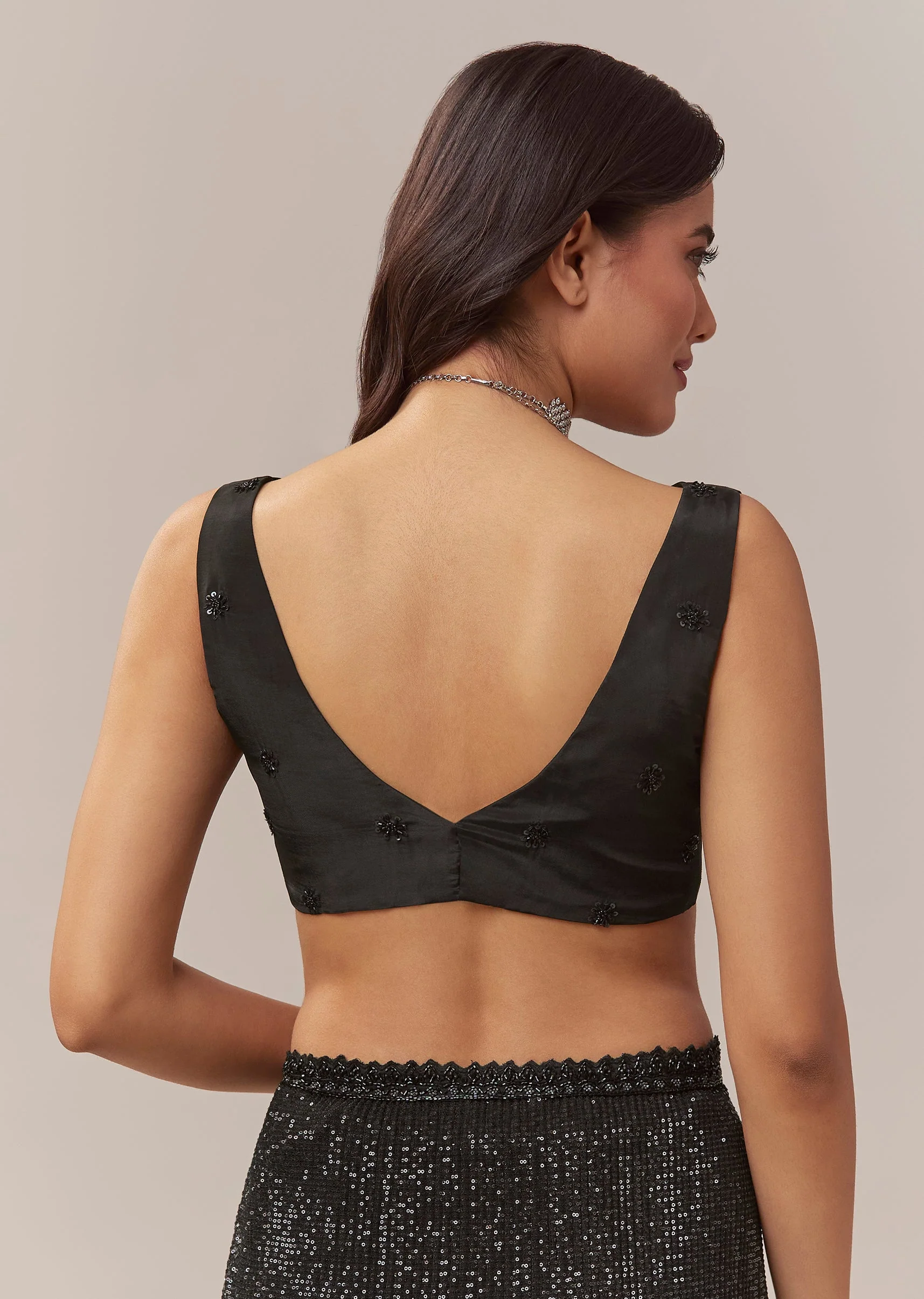 Black Net Saree With Linear Sequins And Hand Embroidered Border