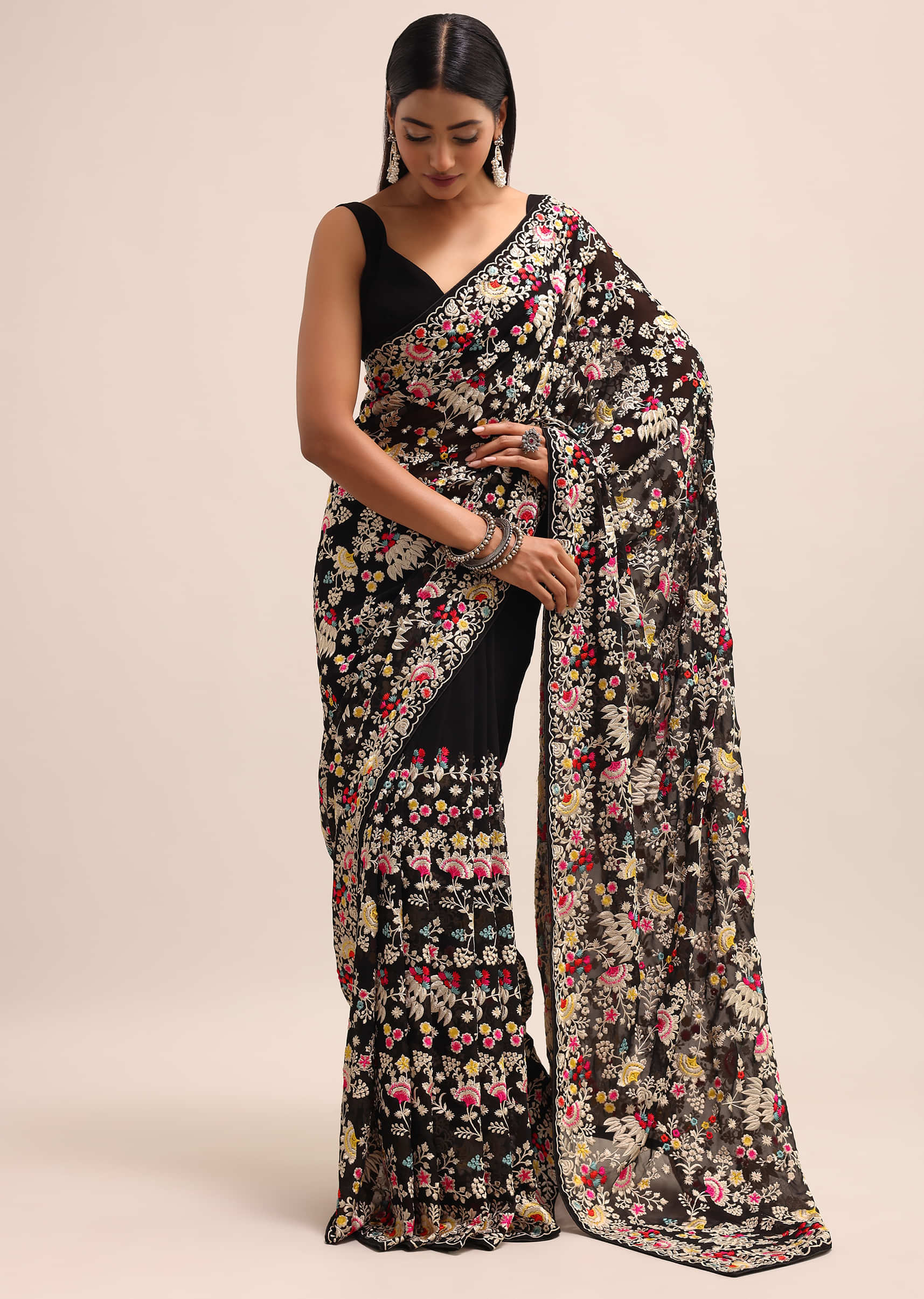 Black Georgette Parsi Gara Multi Color Saree With Unstitched Blouse