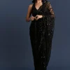 Black Net Saree With Intricate Floral Sequins Embroidery