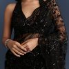 Black Net Saree With Intricate Floral Sequins Embroidery