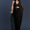 Black Net Saree With Intricate Floral Sequins Embroidery